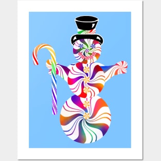 Rainbow Peppermint Snowman with Candy Cane Posters and Art